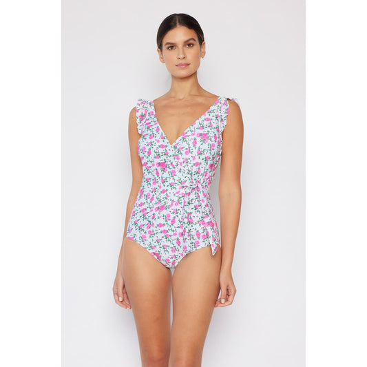 MARINA WEST SWIM Full Size Float On Ruffle Faux Wrap One-Piece in Roses Off-White