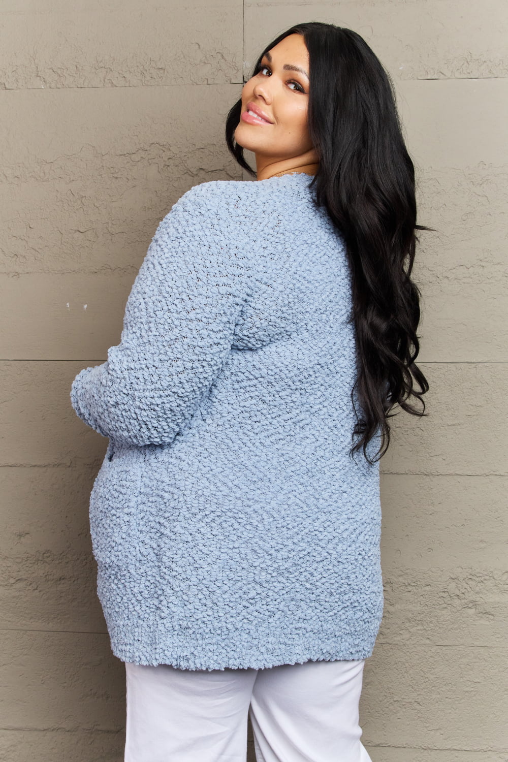 ZENANA Falling For You Full Size Open Front Popcorn Cardigan