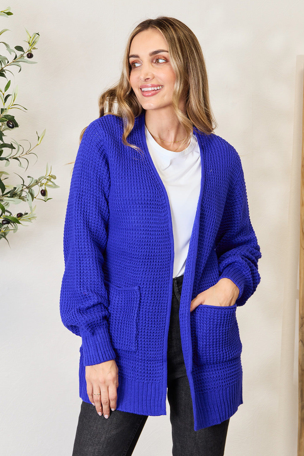 ZENANA Full Size Bright Blue Waffle-Knit Open Front Cardigan