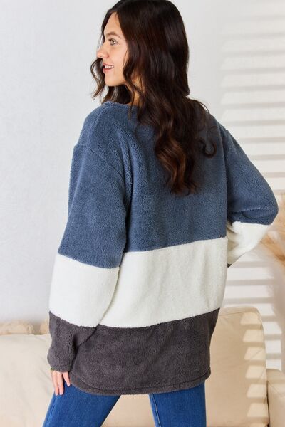 CULTURE CODE Faux Fur Color Block V-Neck Sweater