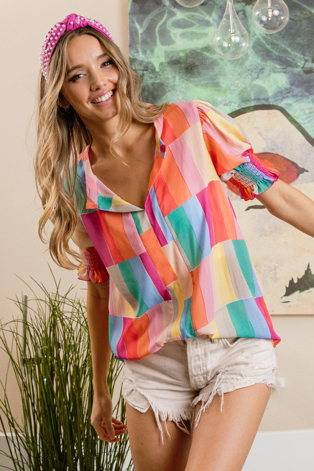 BiBi Multivivid Color Block Smocked Short Sleeve Blouse