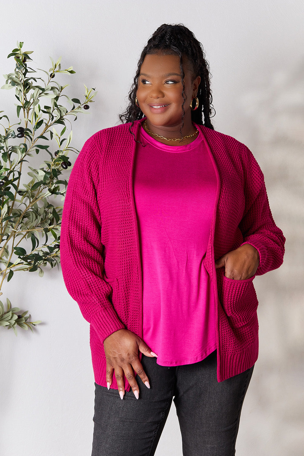 ZENANA Full Size Magenta Waffle-Knit Open Front Cardigan