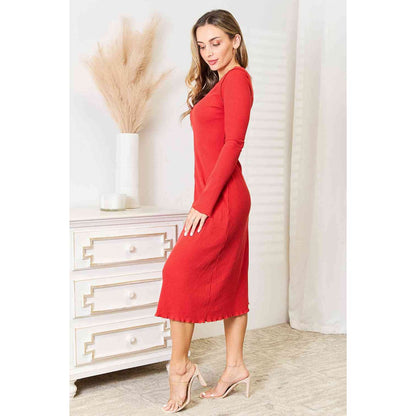 CULTURE CODE Red Full Size Round Neck Long Sleeve Dress