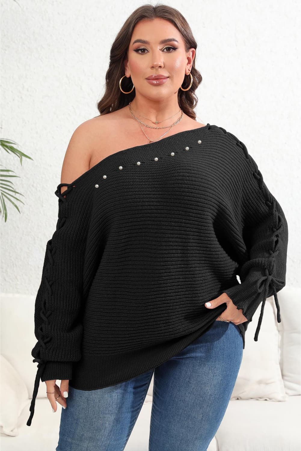 Stylish Plus Size Off-the-Shoulder Beaded Sweater