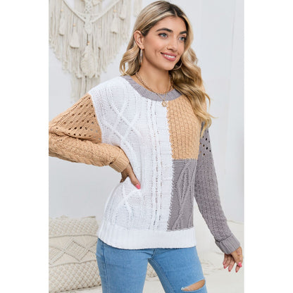 Cable-Knit Openwork Round Neck Color Block Sweater