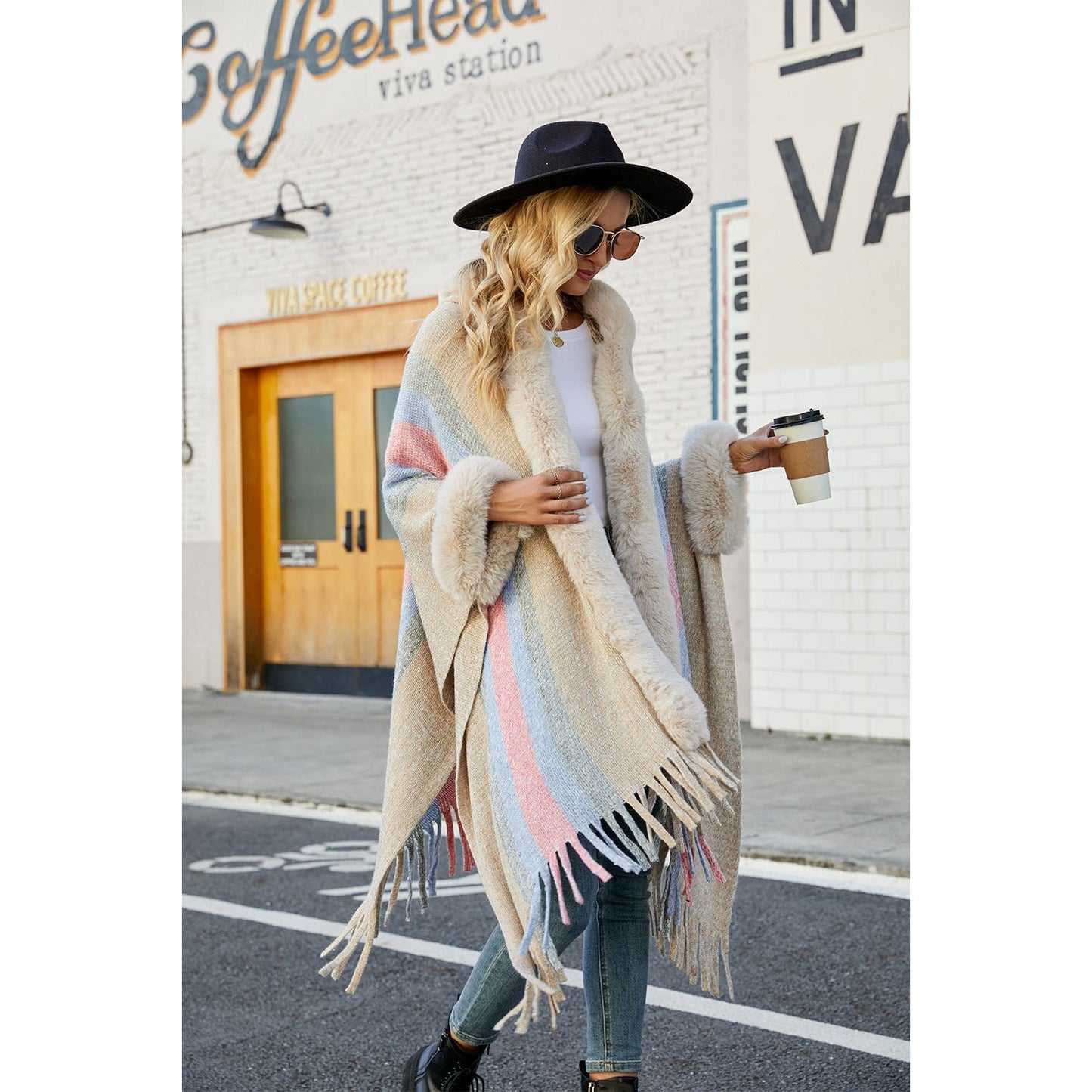 Color Block Fringe Detail Poncho