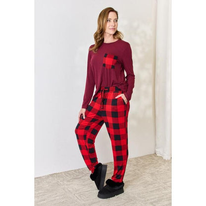 ZENANA Full Size Plaid Round Neck Top and Pants Pajama Set