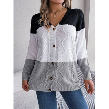 Cable-Knit Striped Button Up Cardigan Sweater