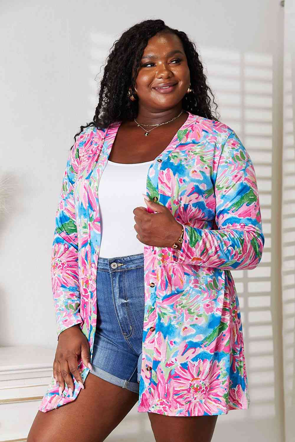 DOUBLE TAKE Floral Open Front Long Sleeve Cardigan