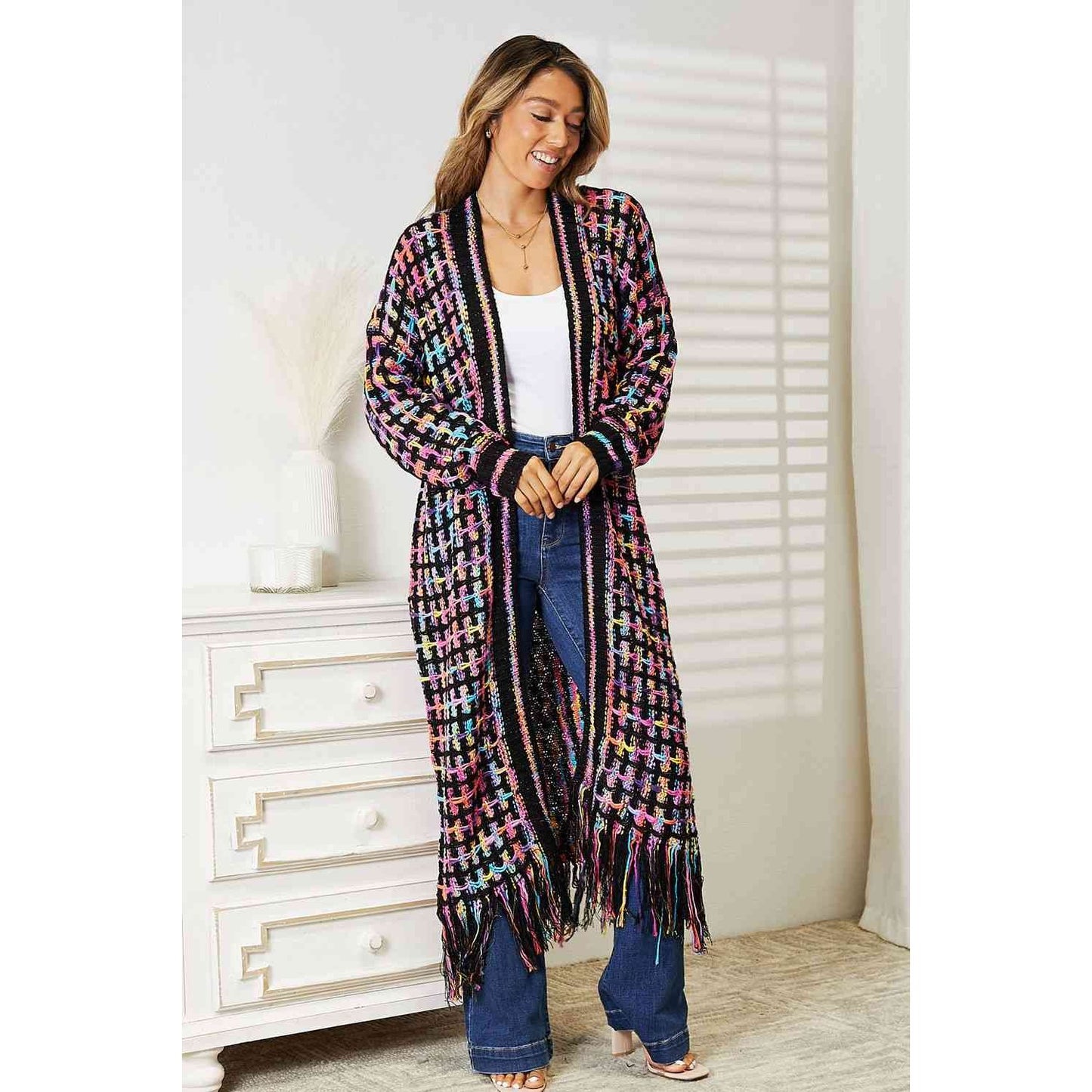 DOUBLE TAKE Full Size Multicolored Open Front Fringe Hem Cardigan