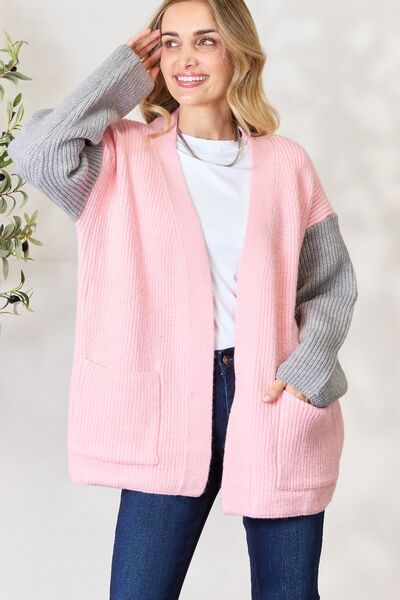 BiBi Pink/Grey Contrast Open Front Cardigan with Pockets