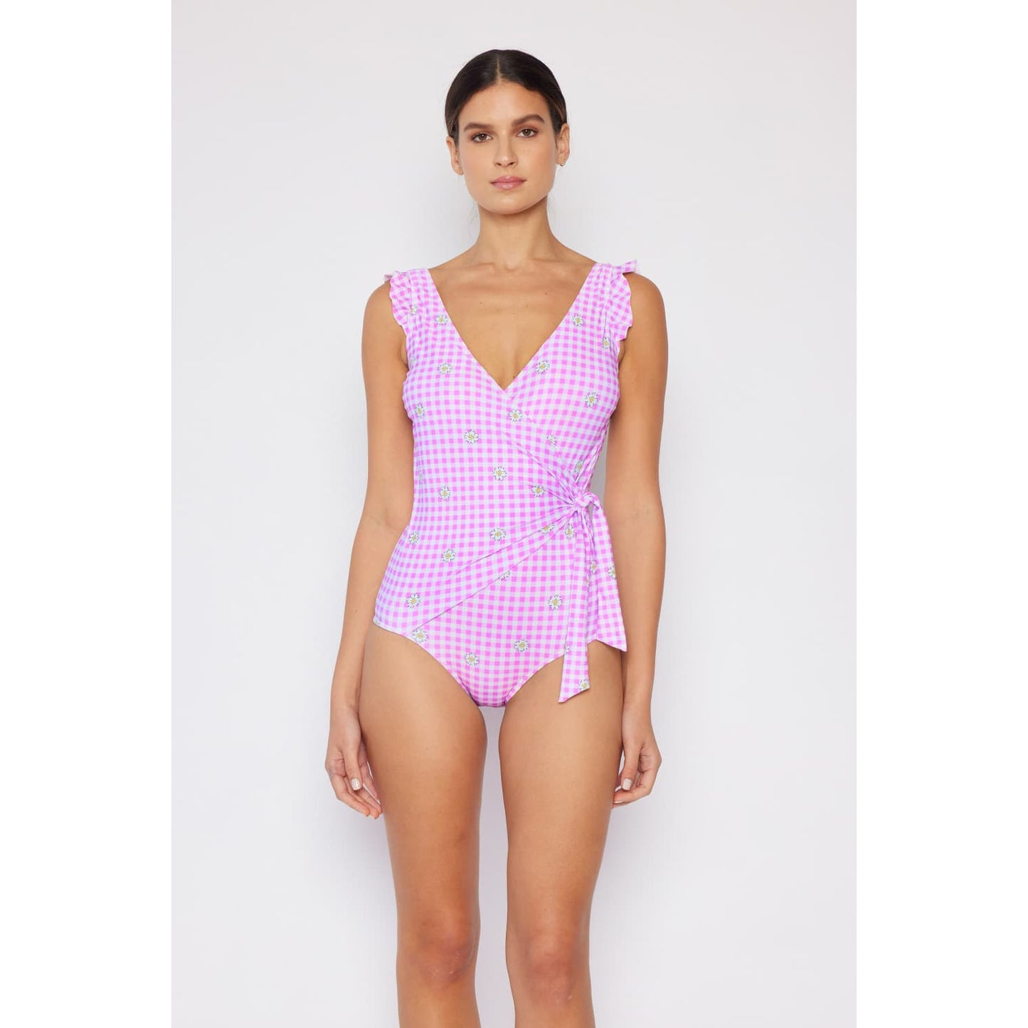 MARINA WEST Swim Full Size Float On Ruffle Faux Wrap One-Piece in Carnation Pink