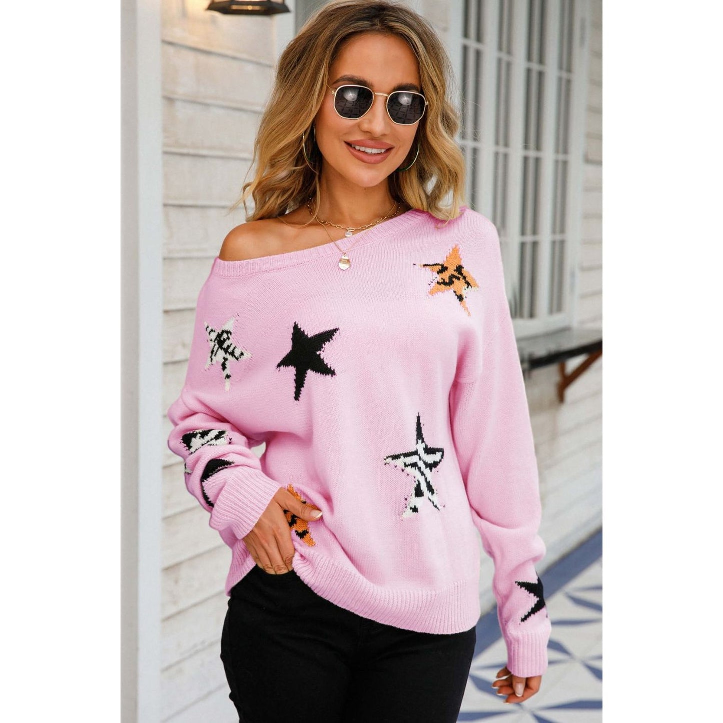 Star Pattern Round Neck Dropped Shoulder Sweater