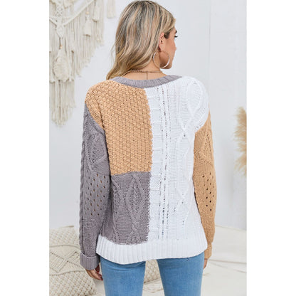 Cable-Knit Openwork Round Neck Color Block Sweater