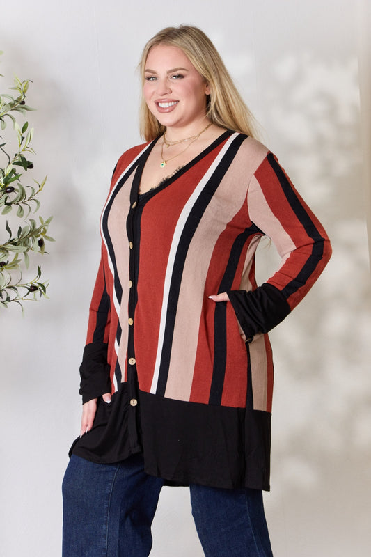 CELESTE Full Size Striped Button Up Long Sleeve Cardigan