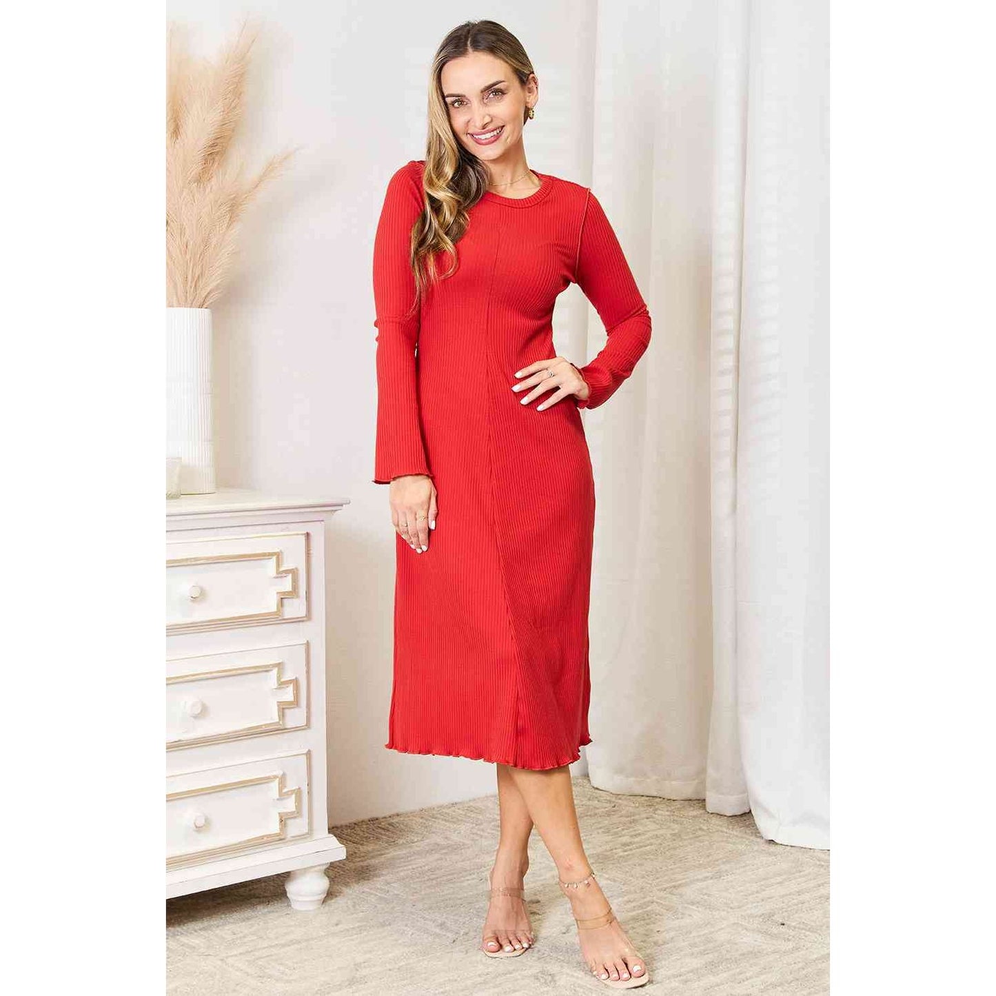 CULTURE CODE Red Full Size Round Neck Long Sleeve Dress