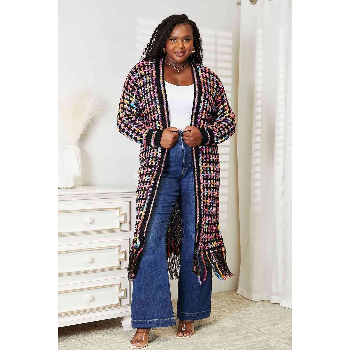 DOUBLE TAKE Full Size Multicolored Open Front Fringe Hem Cardigan