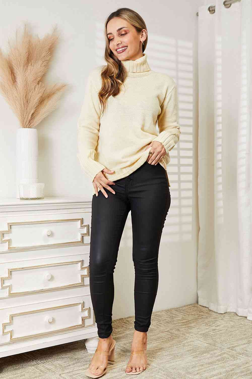 HEIMISH Full Size Long Sleeve Turtleneck Sweater with Side Slit