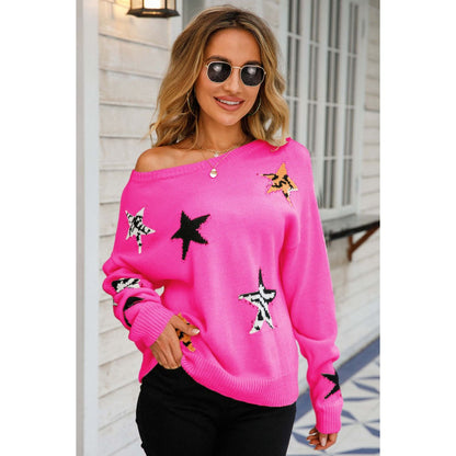 Star Pattern Round Neck Dropped Shoulder Sweater