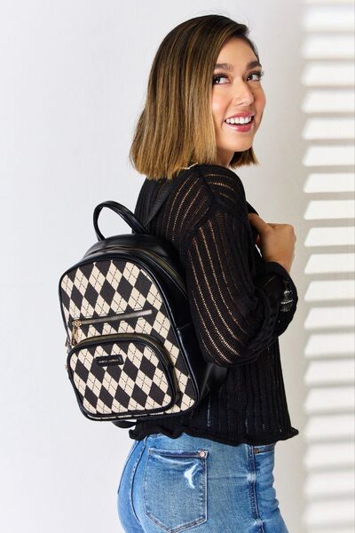 DAVID JONES Argyle Pattern PU Leather Backpack