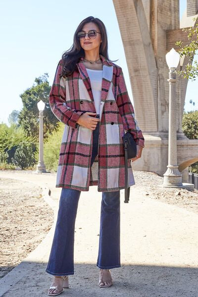 DOUBLE TAKE Full Size Plaid Button Up Lapel Collar Coat