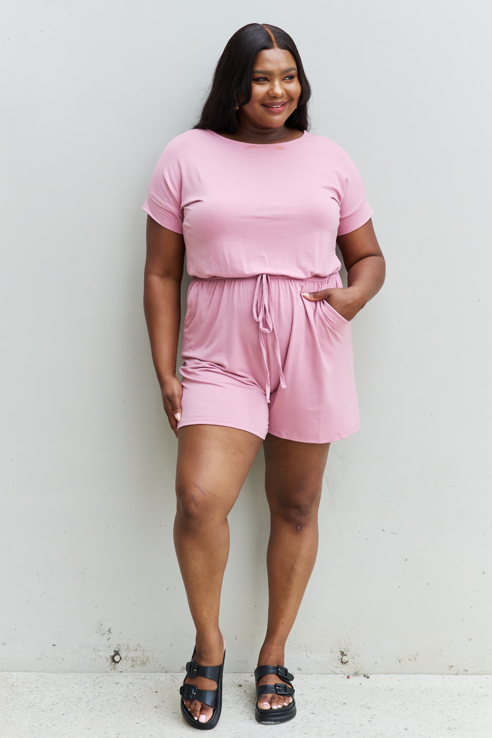 ZENANA Chilled Out Full Size Short Sleeve Romper in Light Carnation Pink