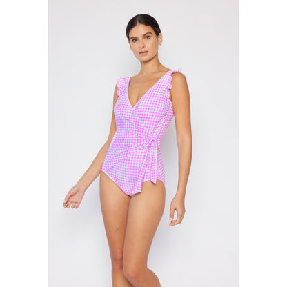 MARINA WEST Swim Full Size Float On Ruffle Faux Wrap One-Piece in Carnation Pink