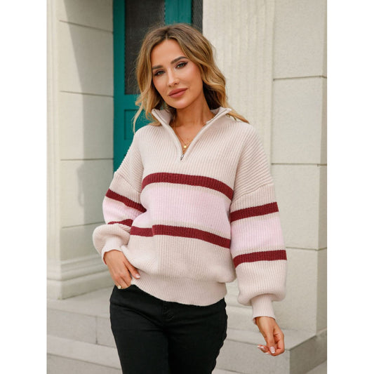 Striped Quarter-Zip Lantern Sleeve Sweater