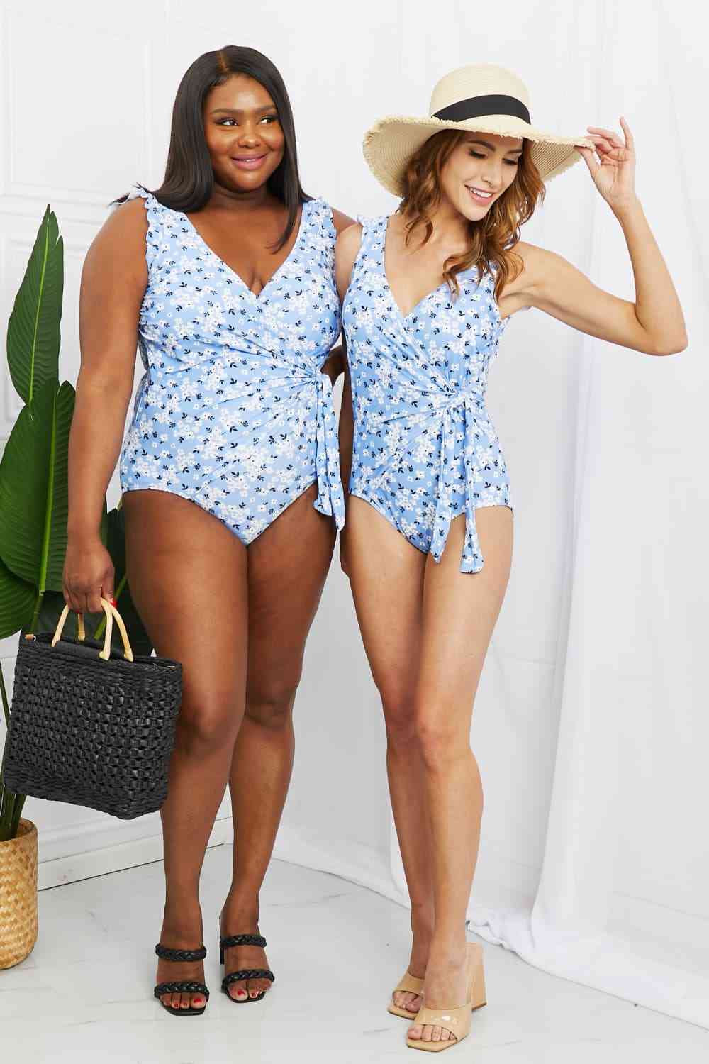 MARINA WEST SWIM Full Size Float On Ruffle Faux Wrap One-Piece in Blossom Blue