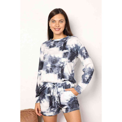 DOUBLE TAKE Tie-Dye Round Neck Top and Shorts Lounge Set