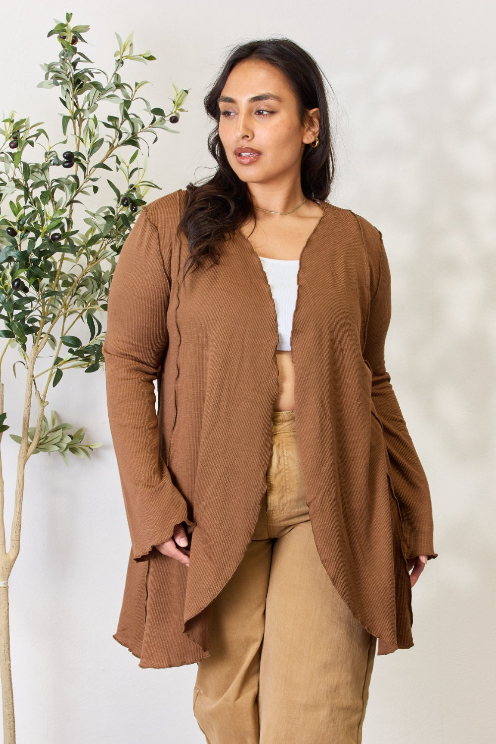 CULTURE CODE Full Size Cocoa Brown Open Front Long Sleeve Cardigan