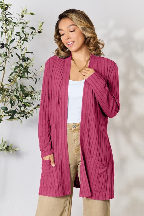 BASIC BAE Full Size Ribbed Open Front Cardigan with Pockets