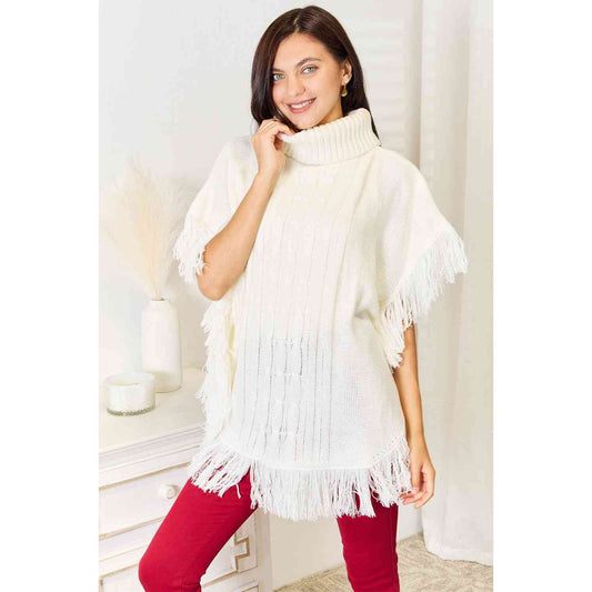 Justin Taylor Turtle Neck Fringe Poncho