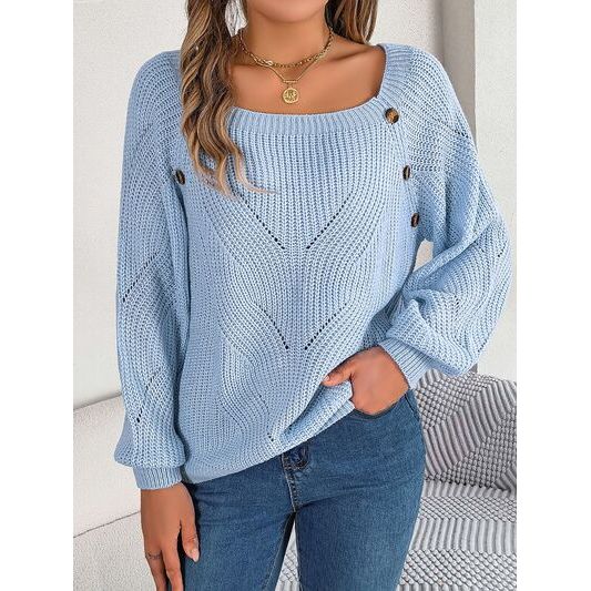 Openwork Buttoned Square Neck Sweater