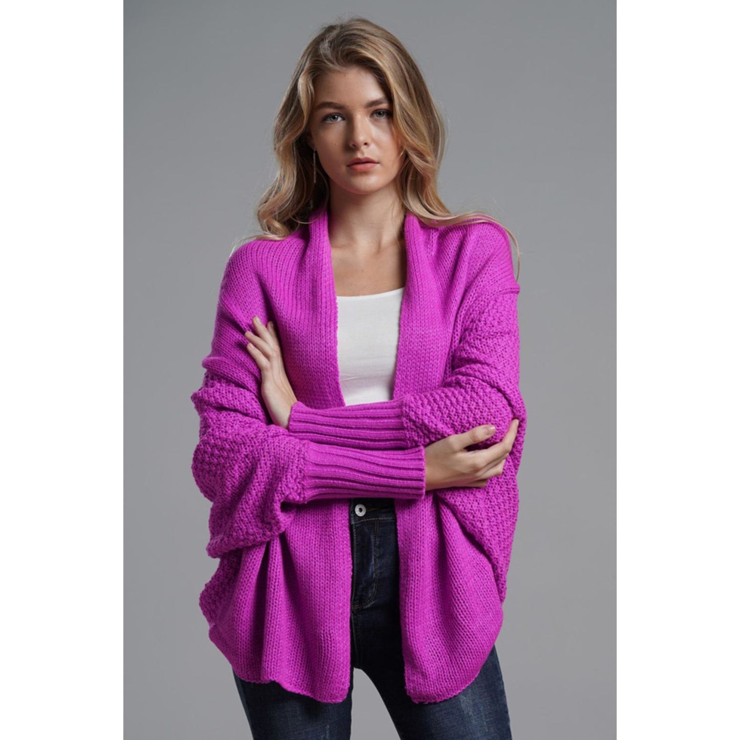 DOUBLE TAKE  Dolman Sleeve Open Front Ribbed Trim Longline Cardigan