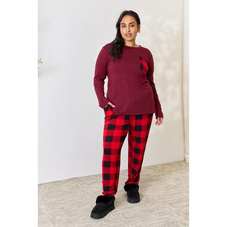 ZENANA Full Size Plaid Round Neck Top and Pants Pajama Set