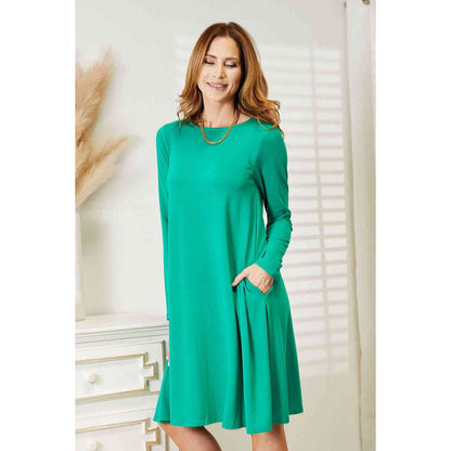 ZENANA Full Size Long Sleeve Flare Dress with Pockets