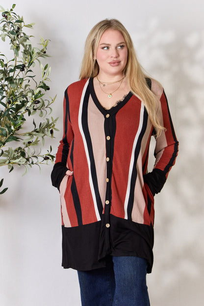 CELESTE Full Size Striped Button Up Long Sleeve Cardigan