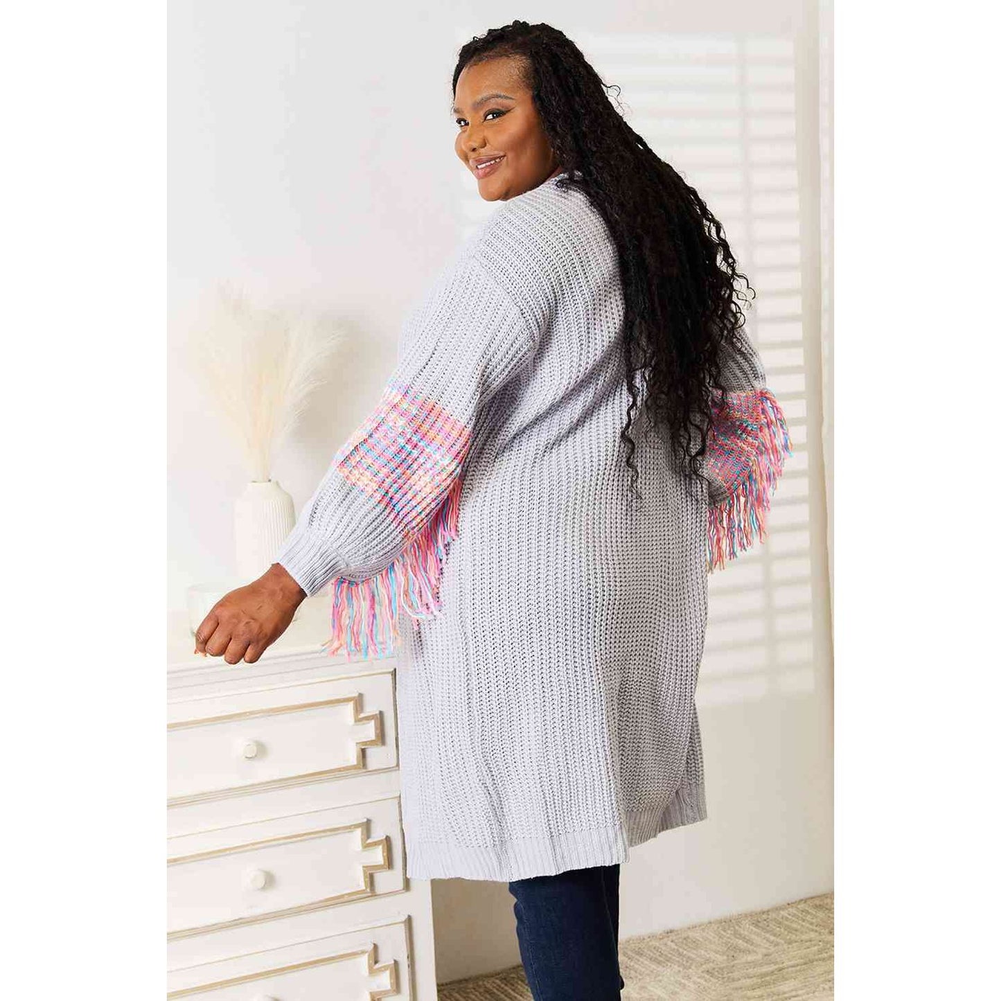 WOVEN RIGHT Fringe Sleeve Dropped Shoulder Cardigan