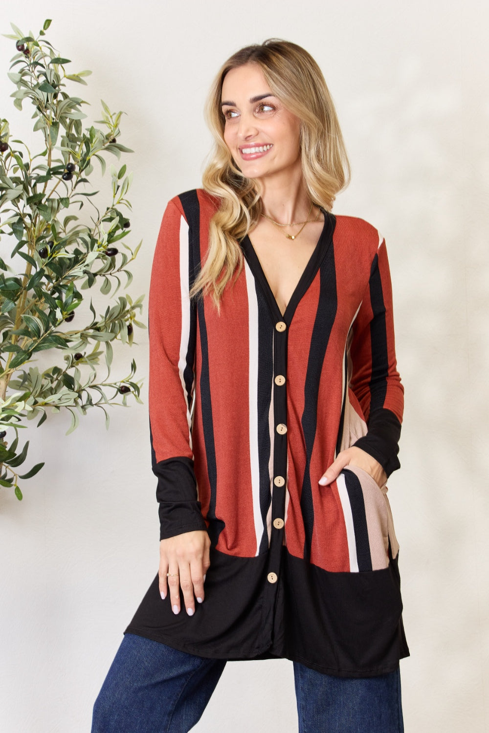 CELESTE Full Size Striped Button Up Long Sleeve Cardigan