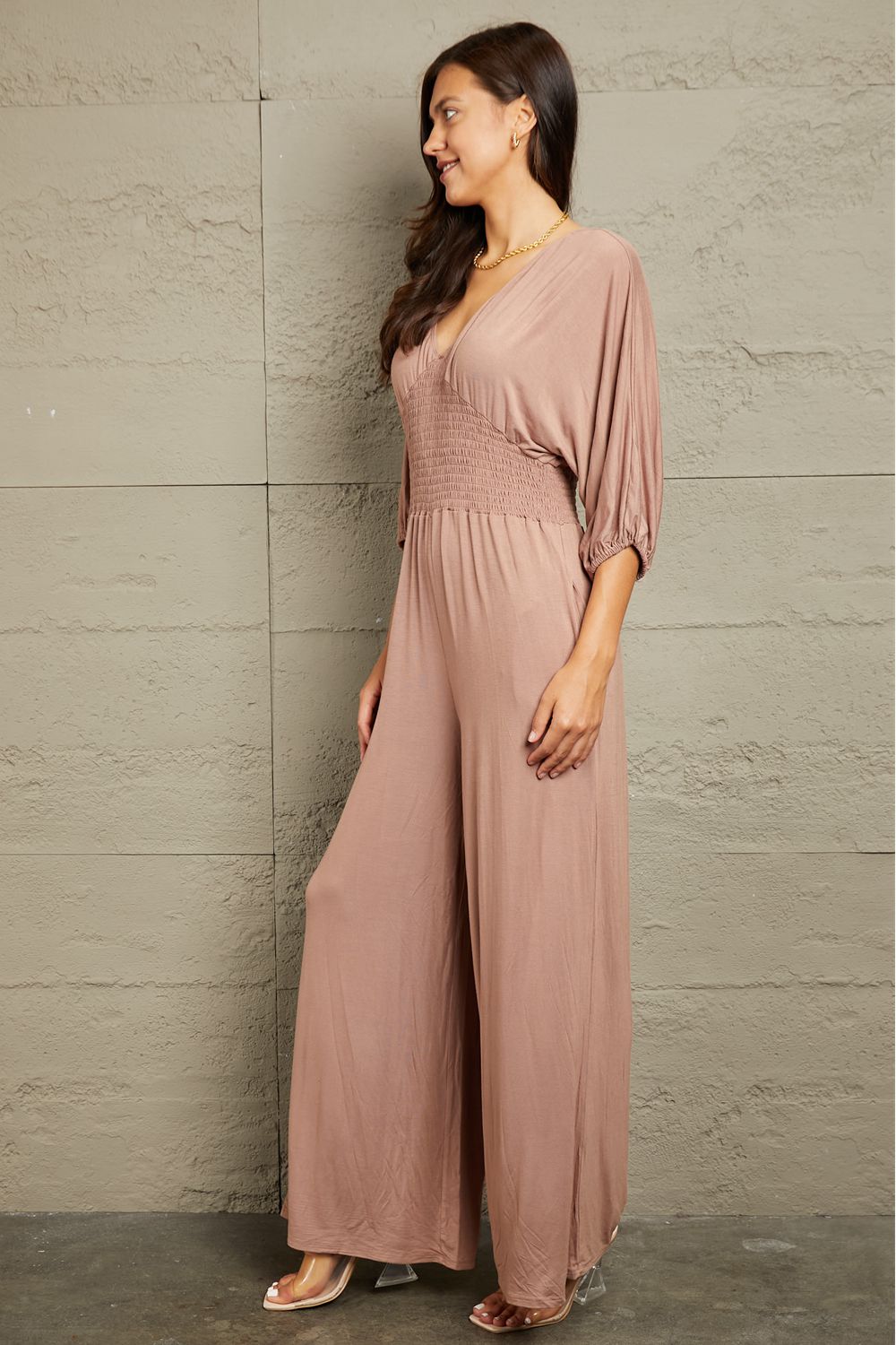 CULTURE CODE Mocha Full Size Smocking Waist Jumpsuit