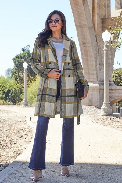 DOUBLE TAKE Full Size Plaid Button Up Lapel Collar Coat