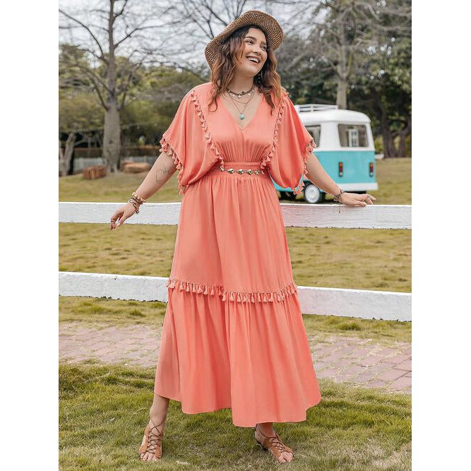 Plus Size Tassel Trim V-Neck Short Sleeve Ruffle Hem Dress