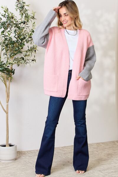 BiBi Pink/Grey Contrast Open Front Cardigan with Pockets