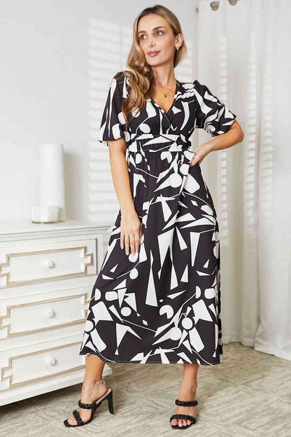 DOUBLE TAKE Printed Surplice Balloon Sleeve Dress