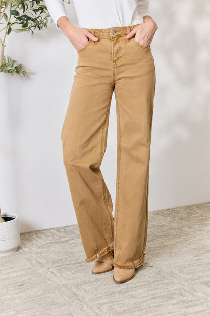 RISEN Full Size Mocha Fringe Hem Wide Leg Jeans