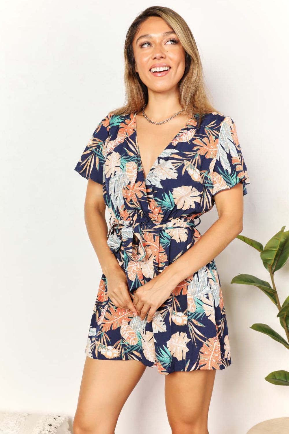 DOUBLE TAKE Botanical Print Surplice Neck Tie Waist Romper