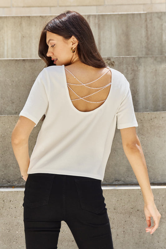 AND THE WHY Pearly White Full Size Criss Cross Pearl Detail Open Back T-Shirt/ S-3XL