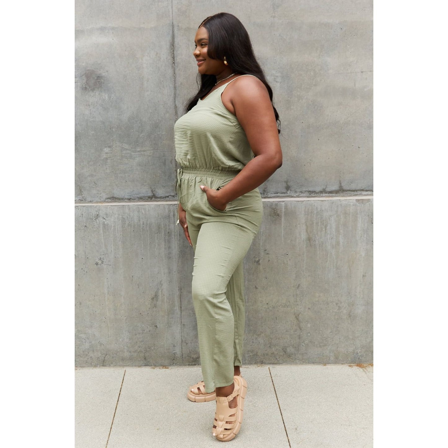 ODDI Full Size Textured Woven Jumpsuit in Sage