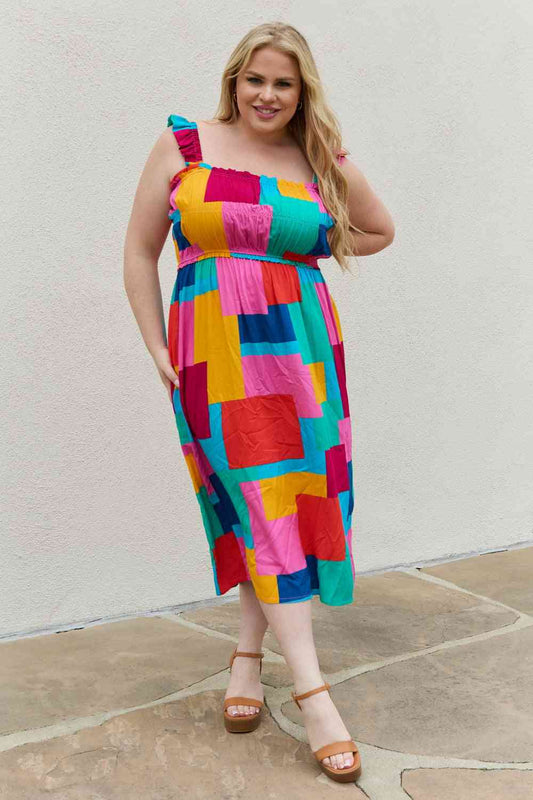 AND THE WHY Multicolored Square Print Summer Dress- S-3XL